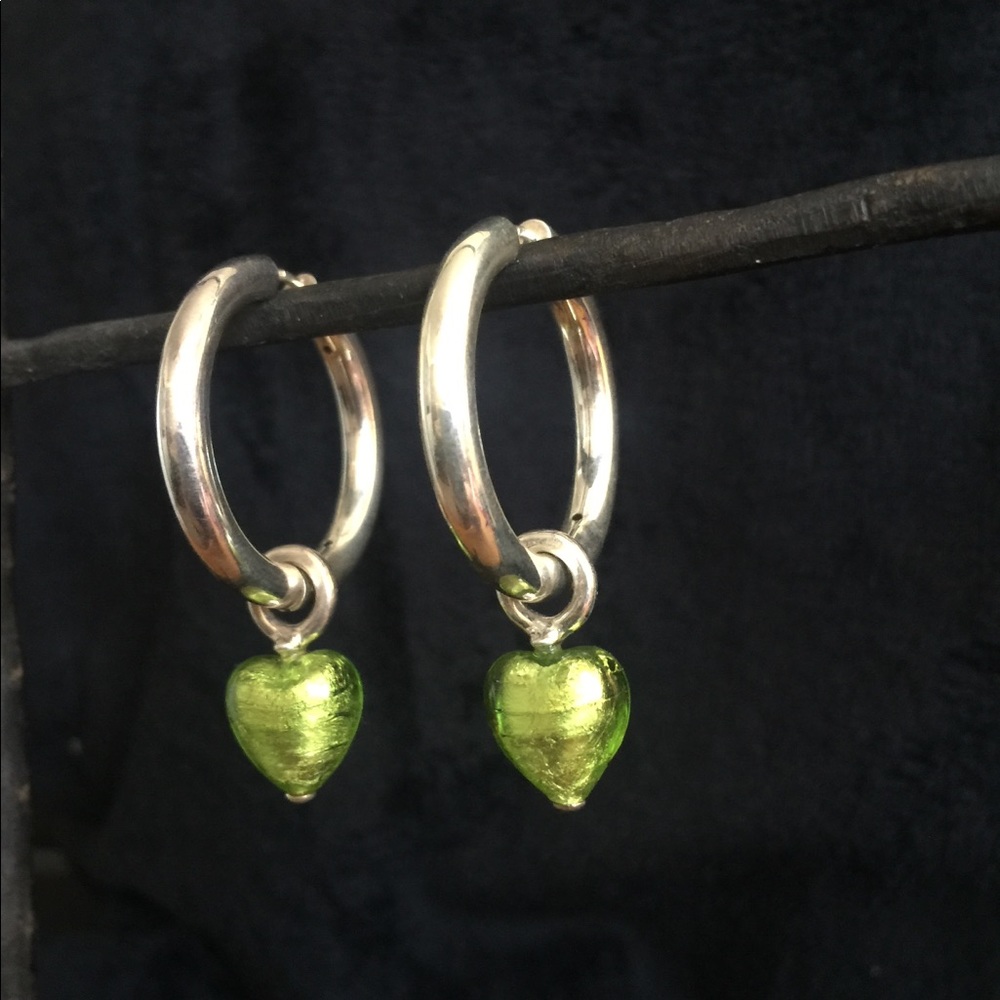 Green Glass Hearts with Sterling Silver Hoops